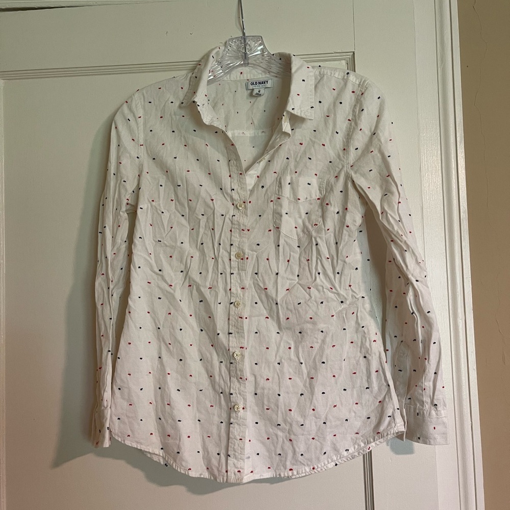 GAP White Button-Up Shirt with Red & Blue dots
